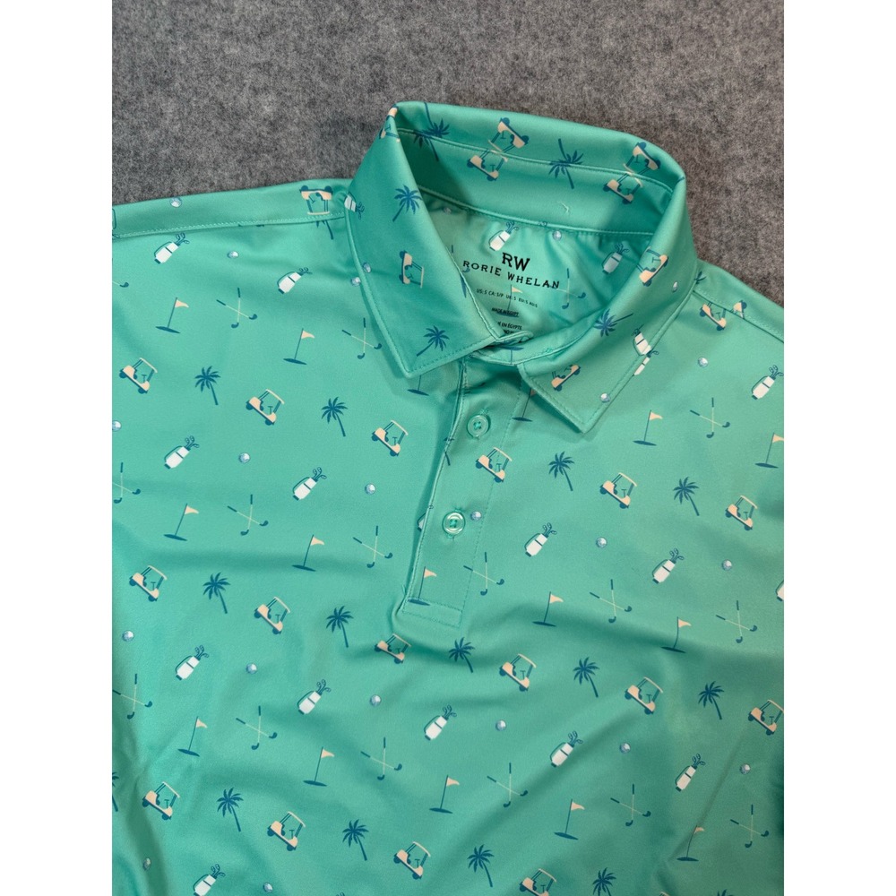 Rorie Whelan Mens Golf Polo Shirt Mint Green Palm Tree Golf Cart Print Small NEW